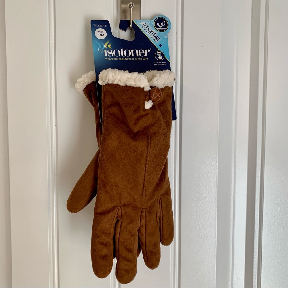 Isotoner Microsuede Water Resistant Brown Winter Gloves Size S/M, Fleece Lining